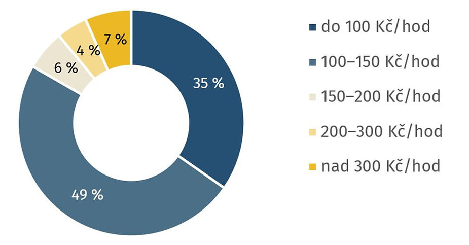 Poznámka: N=618, pouze respondenti, kteří pracují v ČR; Znění otázek: Kolik hodin týdně obvykle trávíte prací v Česku? / Jaký čistý měsíční příjem z práce (v korunách) v Česku zhruba máte?